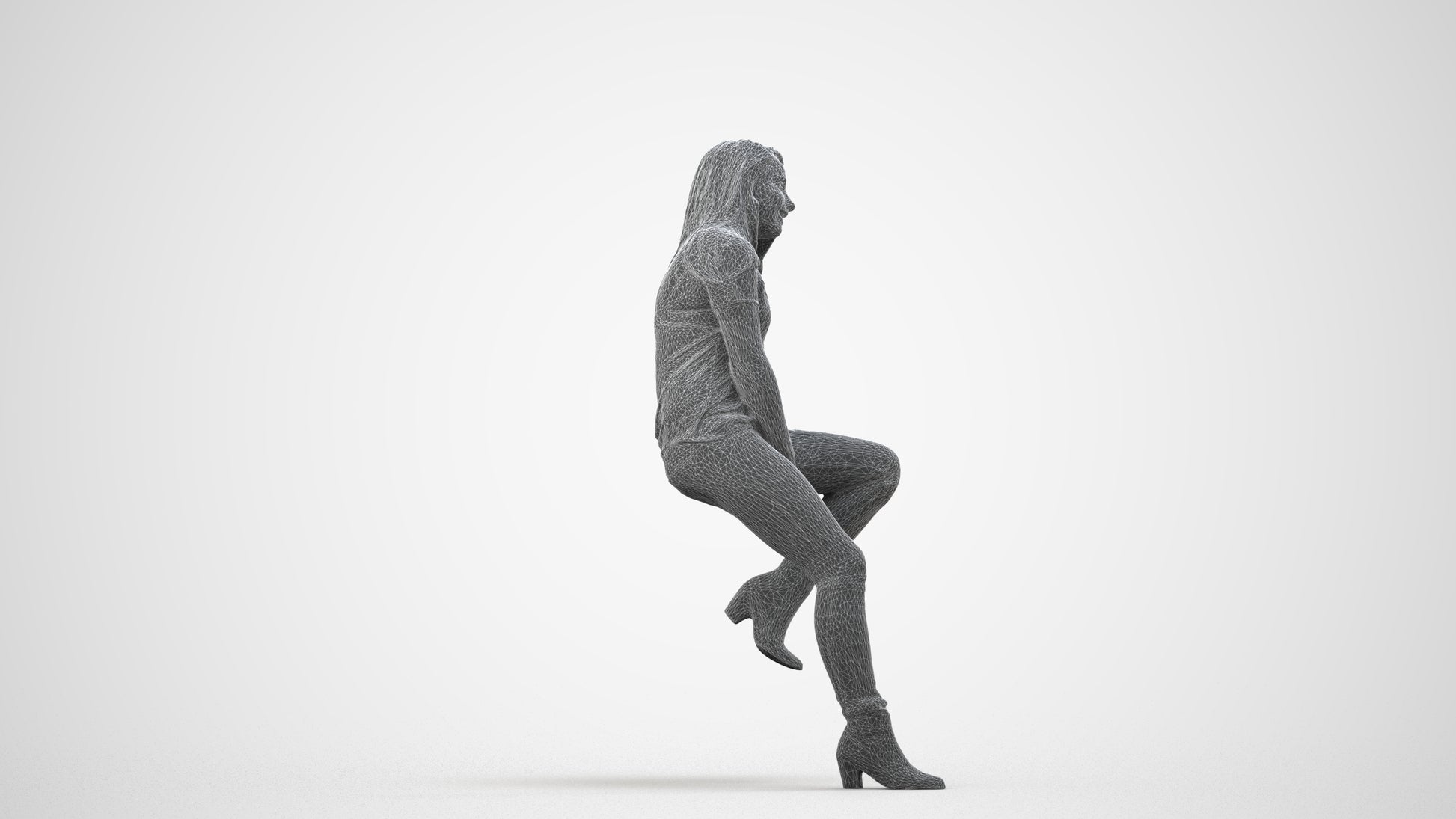 realistic 3D woman casual sitting, scanned archviz people for Blender and 3ds Max, wireframe side view