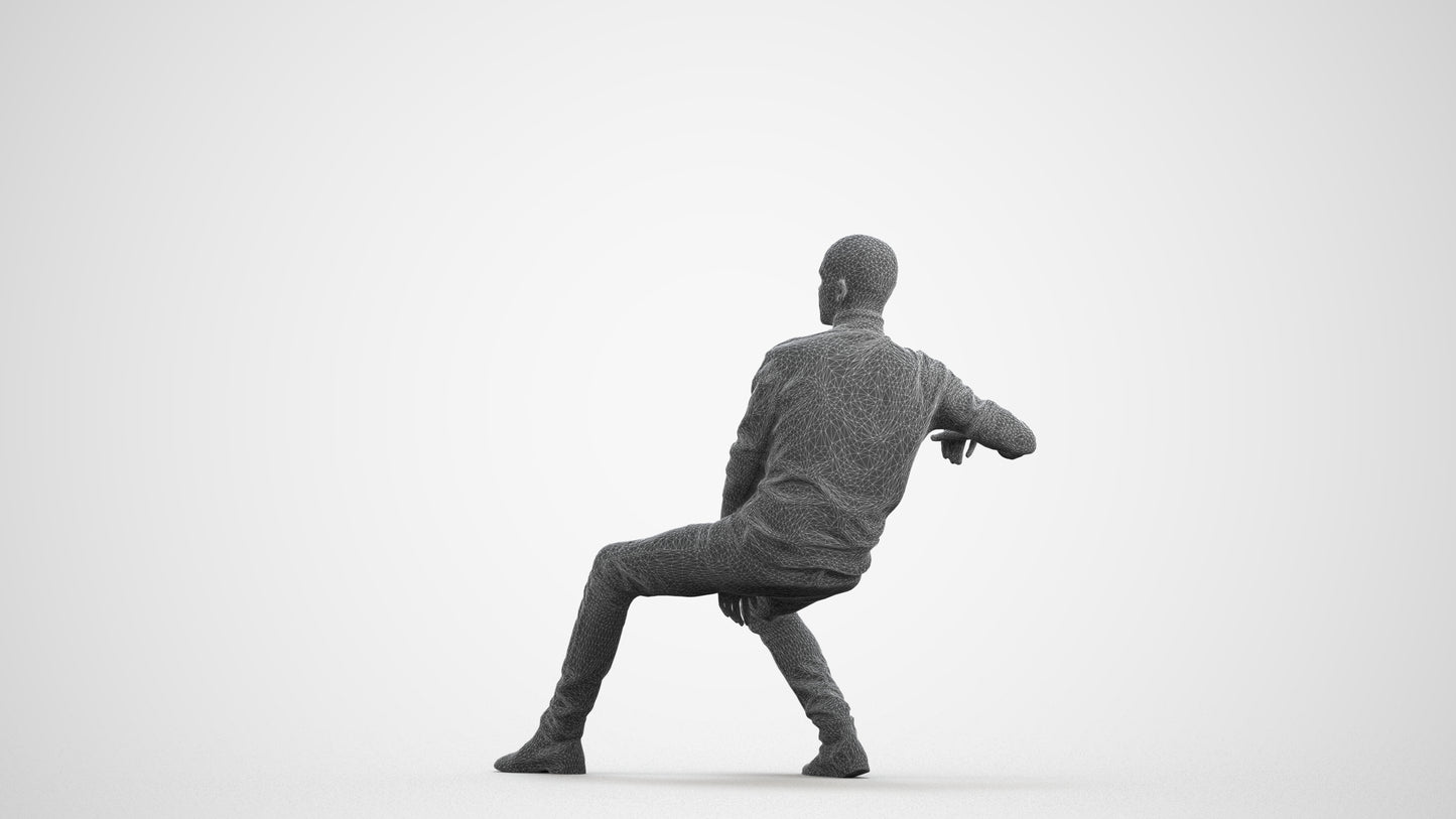 3D human model man casual sitting, photogrammetry scanned person for archviz, wireframe front view