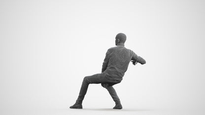 3D human model man casual sitting, photogrammetry scanned person for archviz, wireframe front view