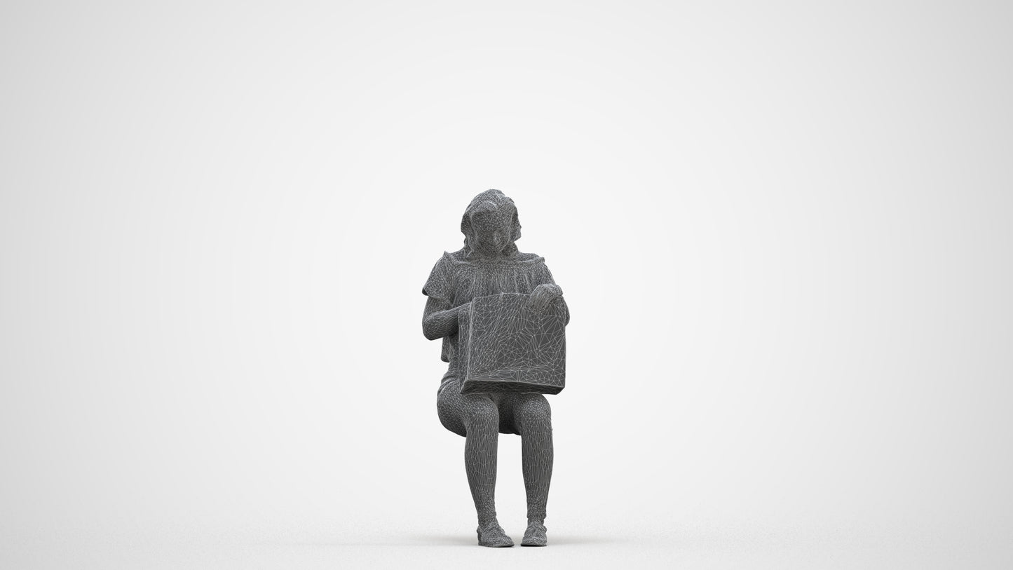 3D human model woman casual sitting, photogrammetry scanned person for archviz, three-quarter front view render