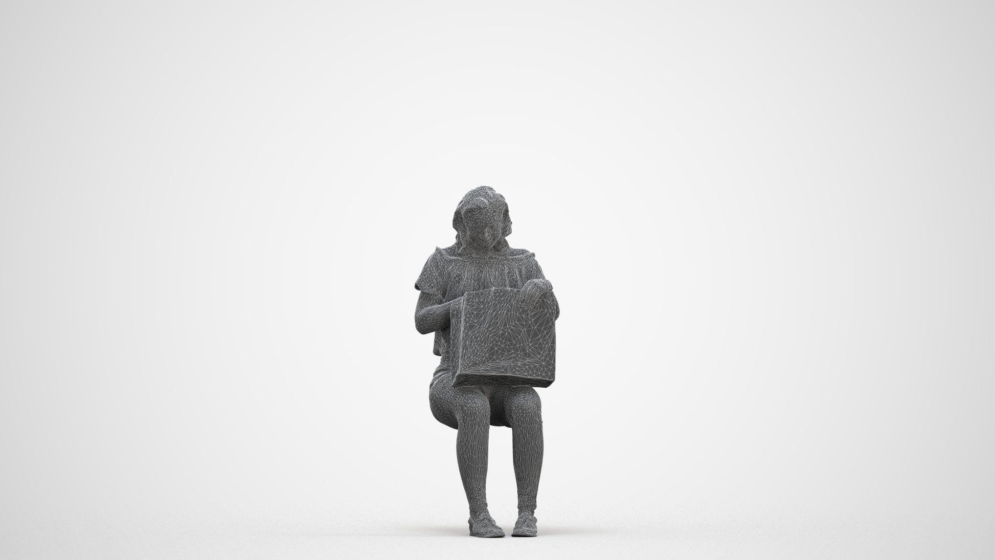 3D human model woman casual sitting, photogrammetry scanned person for archviz, three-quarter front view render