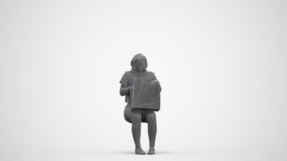 3D human model woman casual sitting, photogrammetry scanned person for archviz, three-quarter front view render