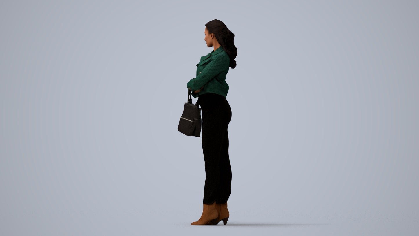 realistic 3D human woman business standing, archviz people FBX OBJ for Blender, three-quarter view render