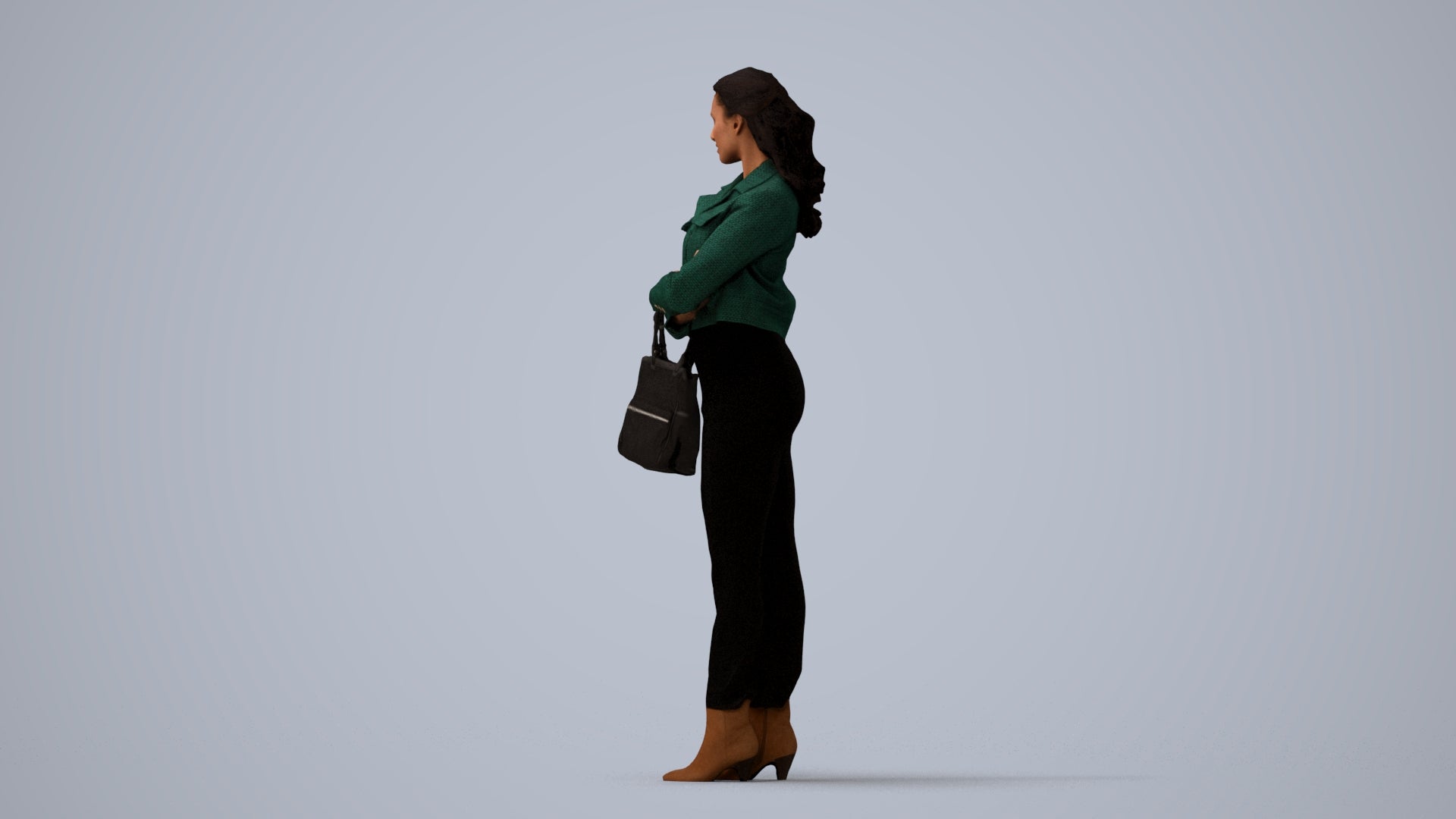 realistic 3D human woman business standing, archviz people FBX OBJ for Blender, three-quarter view render