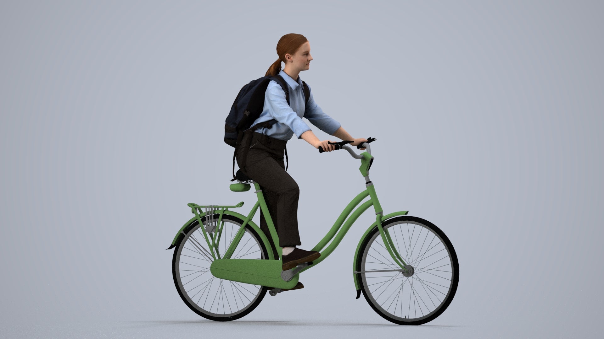 realistic 3D people girl business cycling, render-ready for V-Ray and Corona, FBX OBJ, side view render
