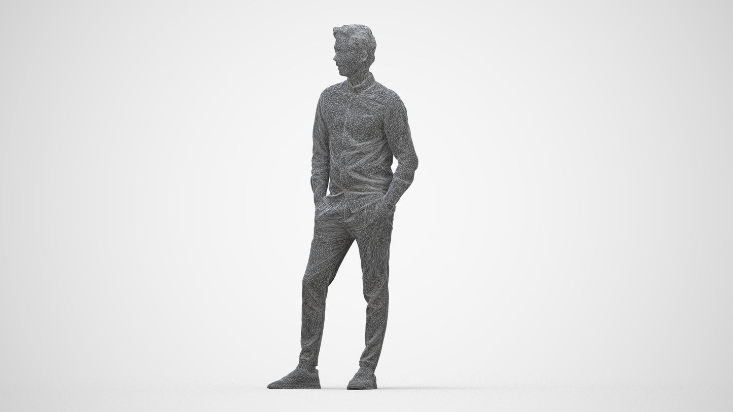 realistic 3D human man casual standing, archviz people FBX OBJ for Blender, wireframe back view