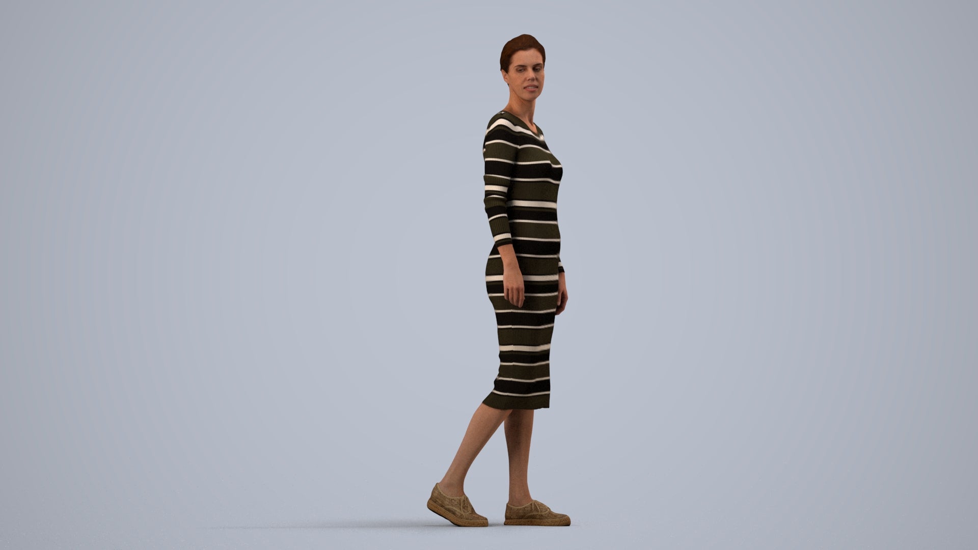 3D scanned woman walking casual, photorealistic archviz people for Enscape and SketchUp, side view render