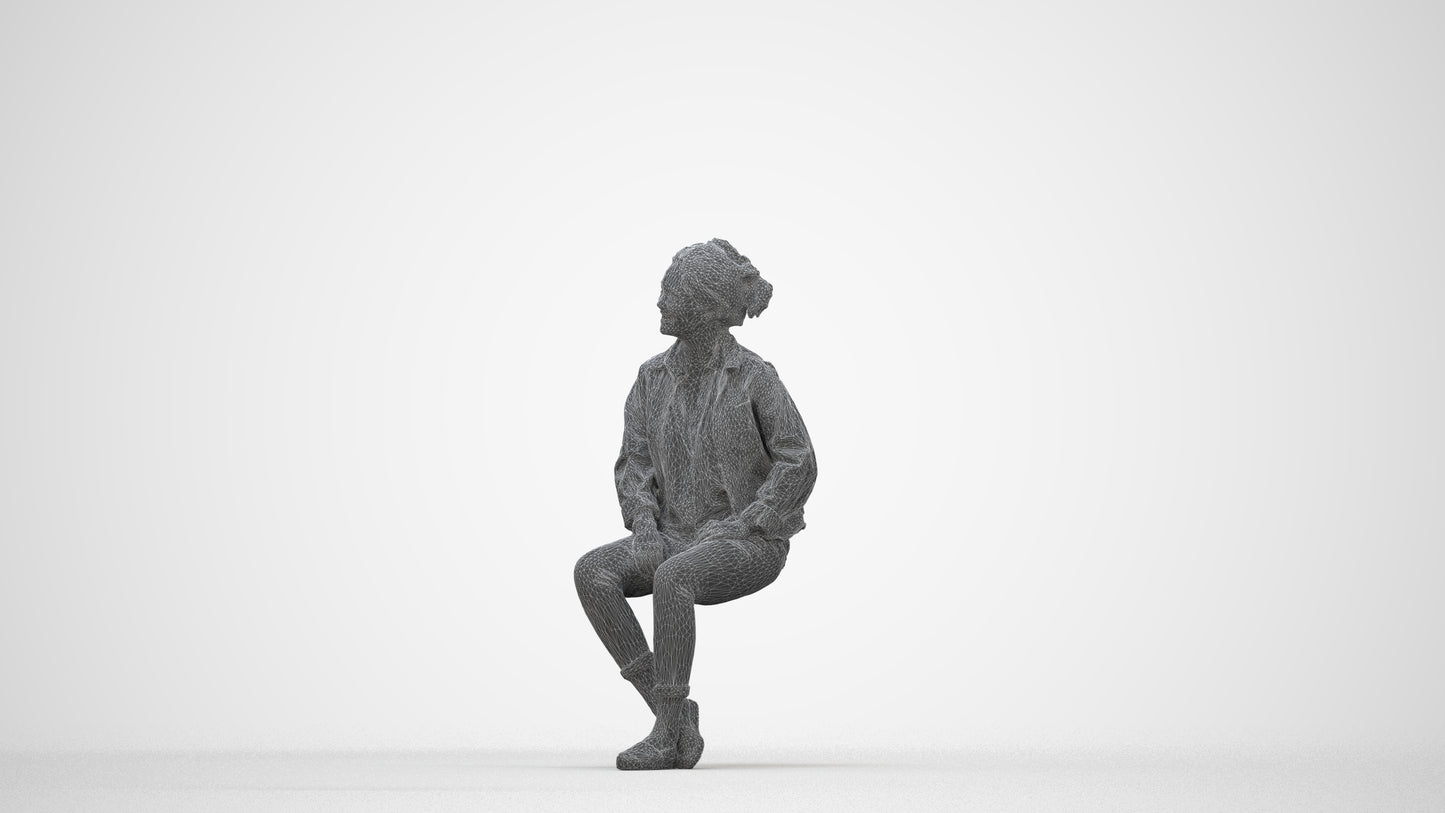 photogrammetry 3D woman casual sitting, realistic human model archviz FBX, wireframe back view