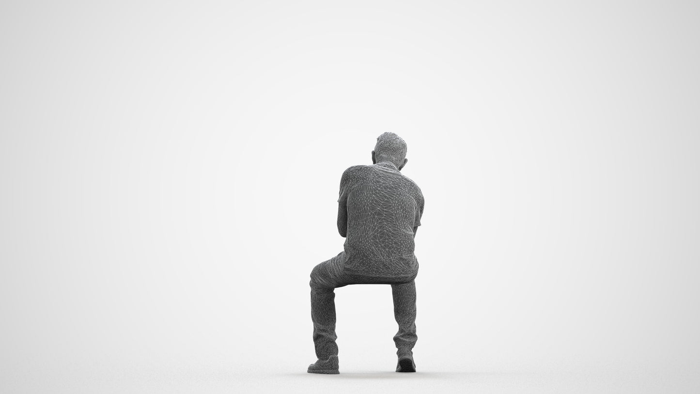 realistic 3D senior man casual sitting, scanned archviz people for Blender and 3ds Max, wireframe front view