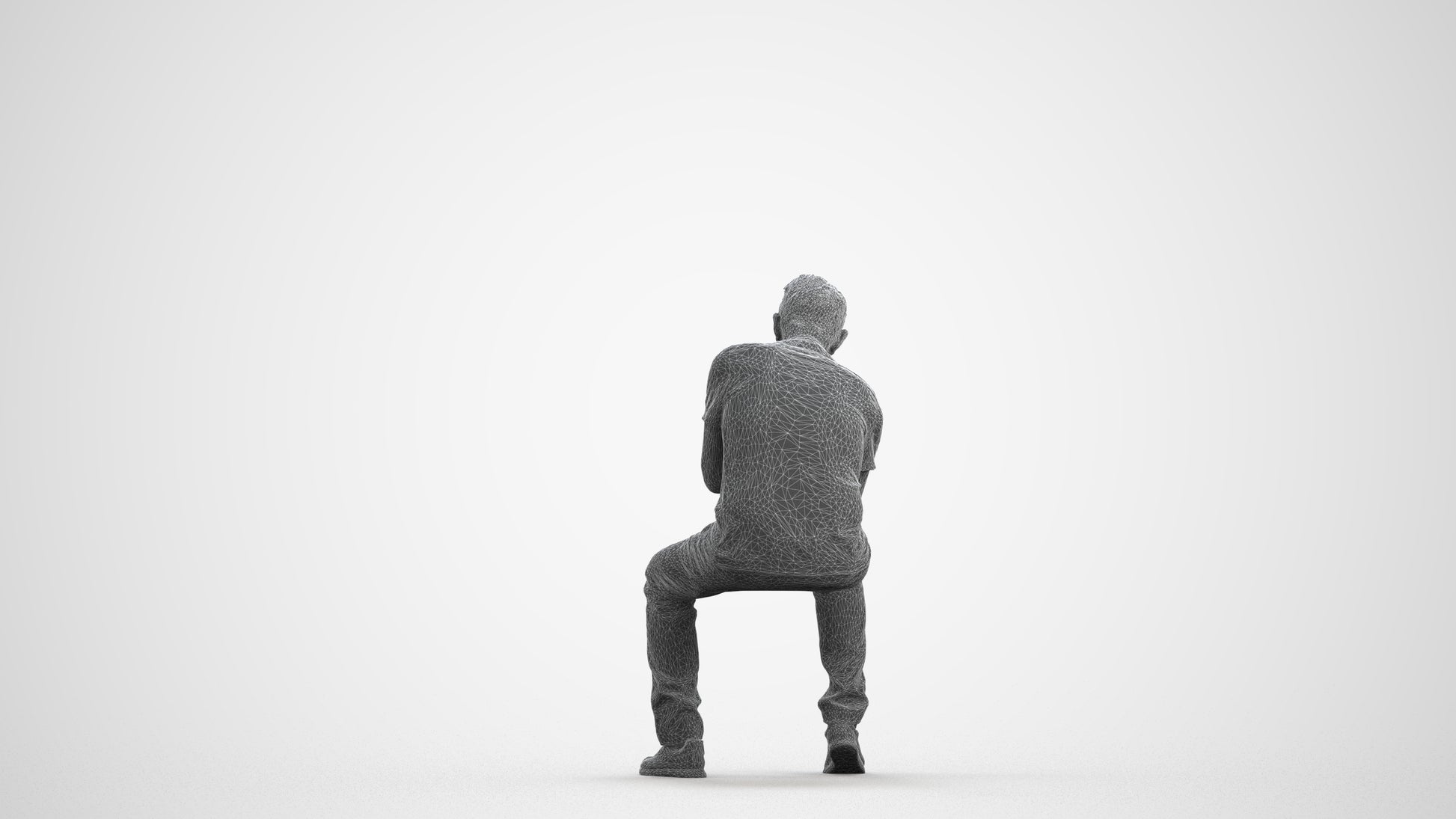 realistic 3D senior man casual sitting, scanned archviz people for Blender and 3ds Max, wireframe front view
