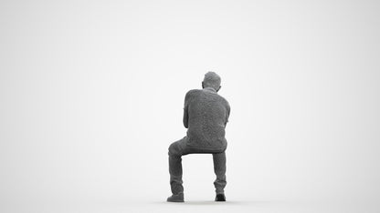 realistic 3D senior man casual sitting, scanned archviz people for Blender and 3ds Max, wireframe front view