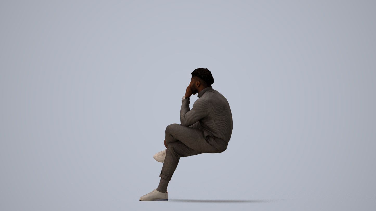 3D people model man casual sitting, scanned human for 3ds Max rendering, three-quarter view render