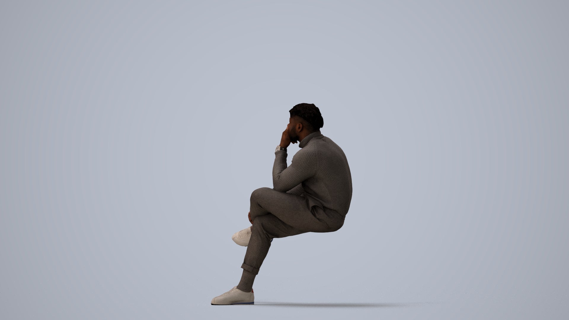 3D people model man casual sitting, scanned human for 3ds Max rendering, three-quarter view render