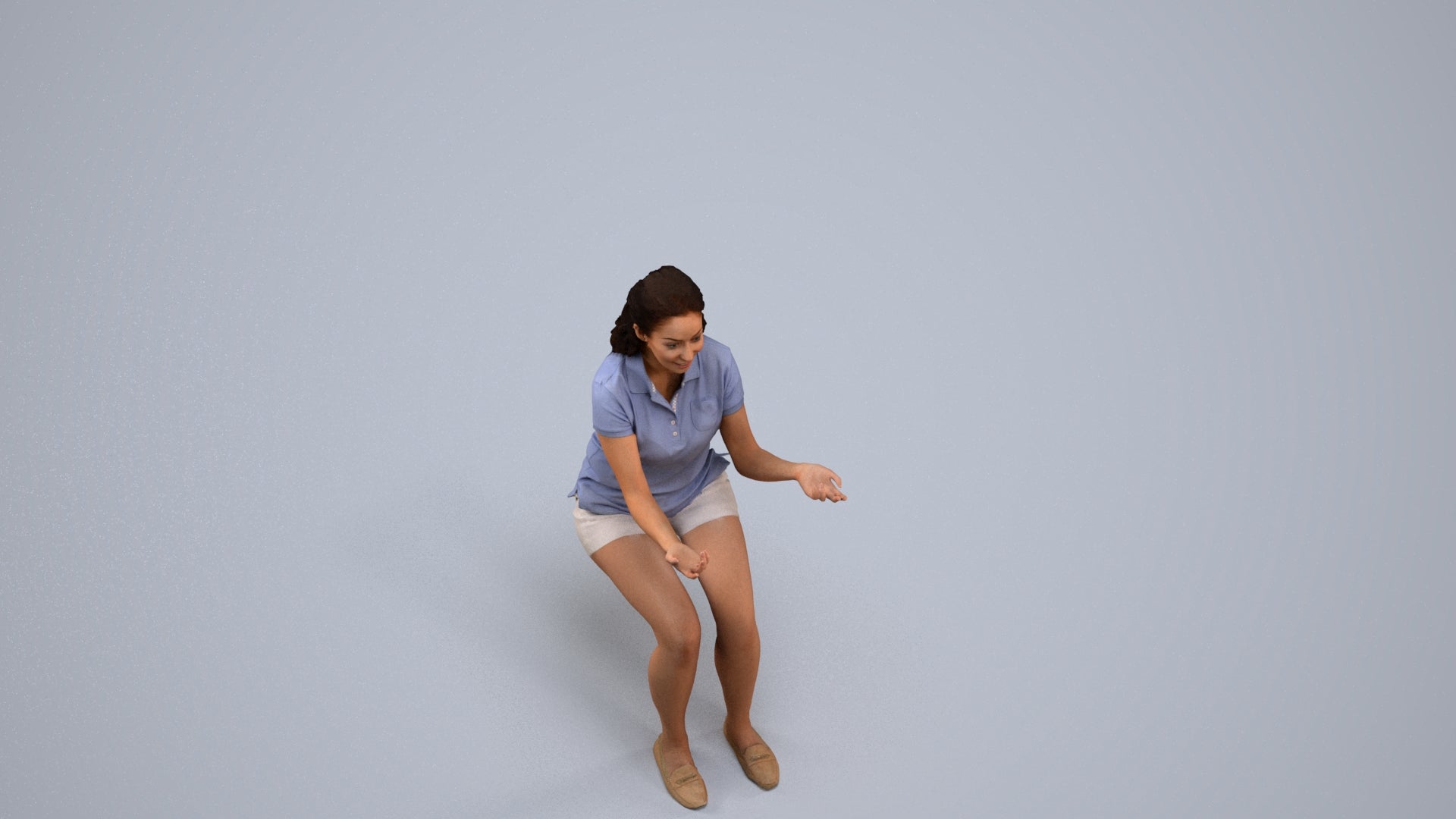 3D human model woman casual sitting, photogrammetry scanned person for archviz, back view render