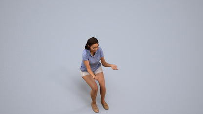 3D human model woman casual sitting, photogrammetry scanned person for archviz, back view render