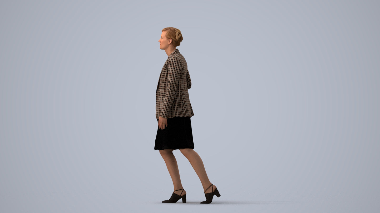 photogrammetry 3D woman business walking, realistic human model archviz FBX, three-quarter view render