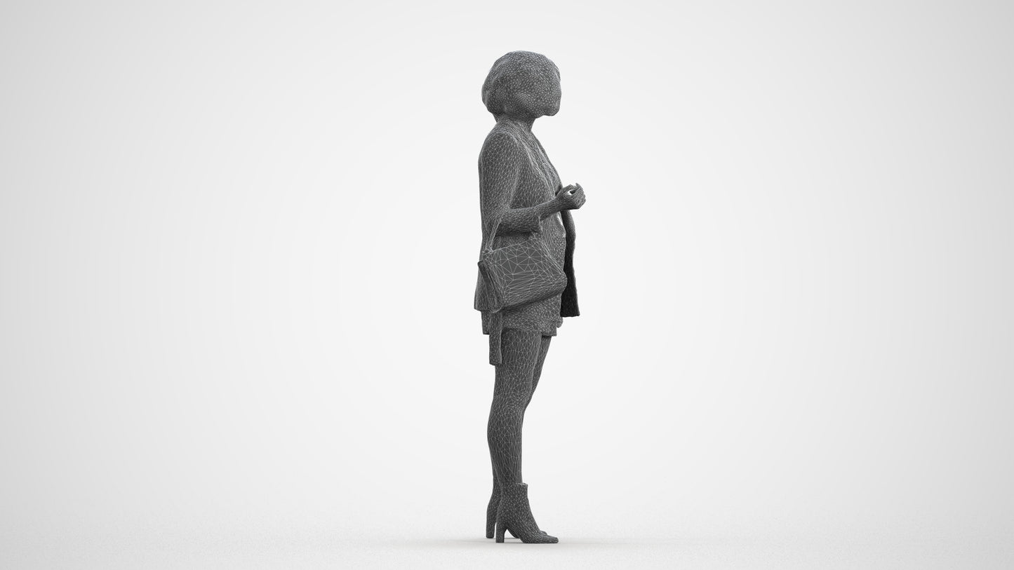 realistic 3D woman business standing, scanned archviz people for Blender and 3ds Max, wireframe front view