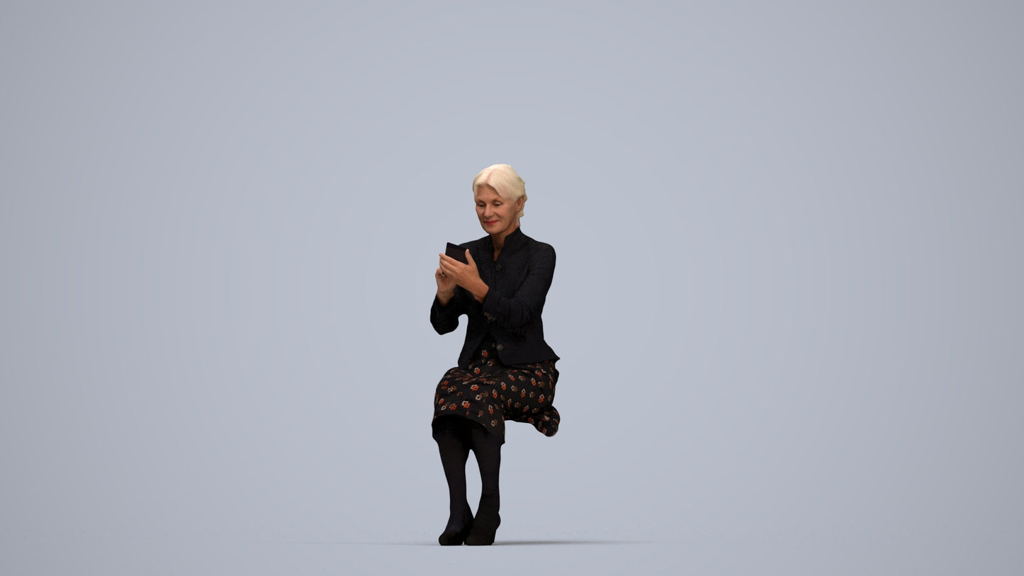3D human model senior woman business sitting, photogrammetry scanned person for archviz, top-down view render