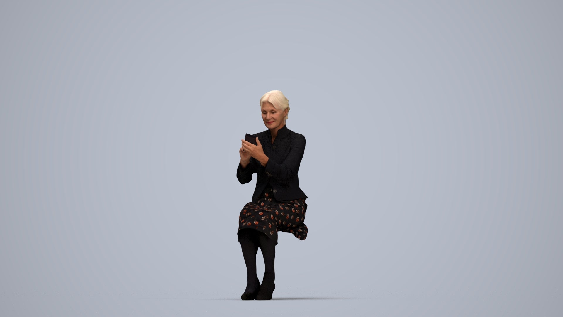 3D human model senior woman business sitting, photogrammetry scanned person for archviz, top-down view render