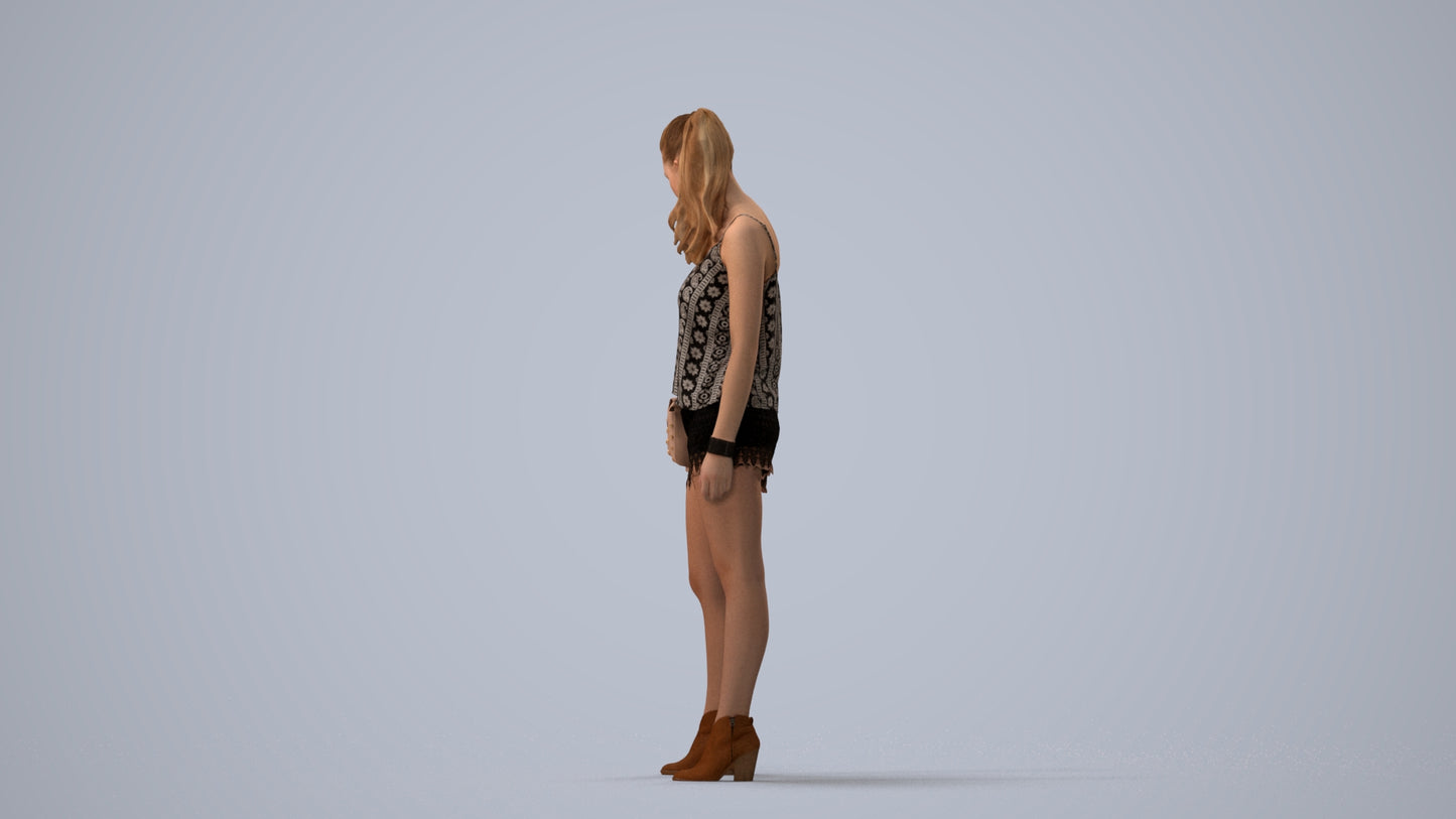 3D people model girl casual standing, scanned human for 3ds Max rendering, three-quarter view render