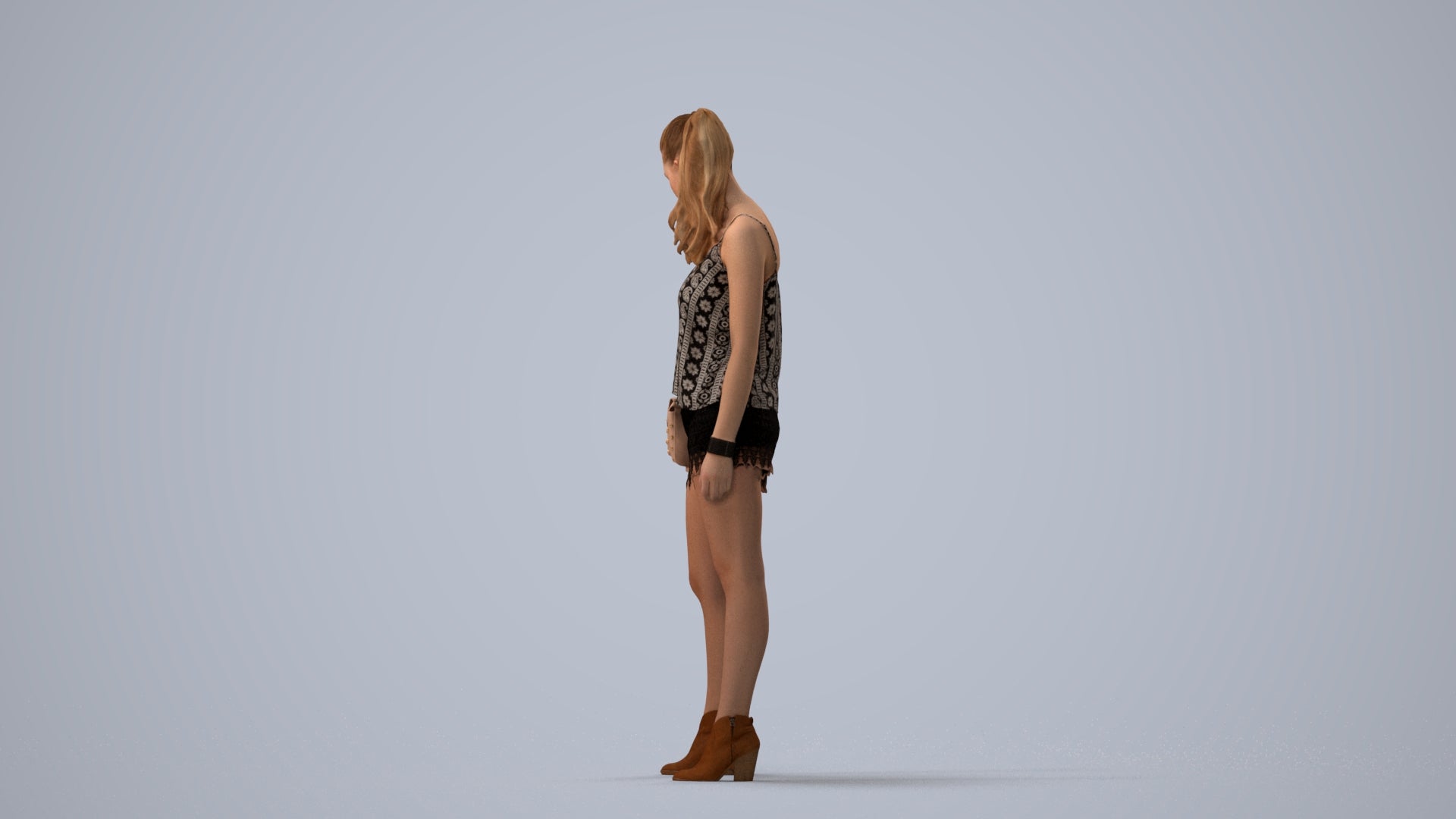 3D people model girl casual standing, scanned human for 3ds Max rendering, three-quarter view render