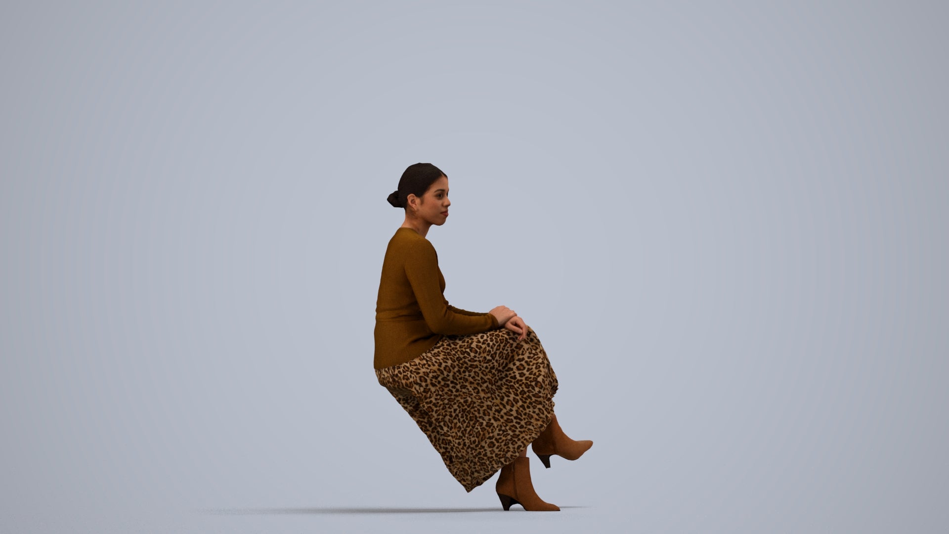 photogrammetry 3D woman casual sitting, realistic human model archviz FBX, side view render