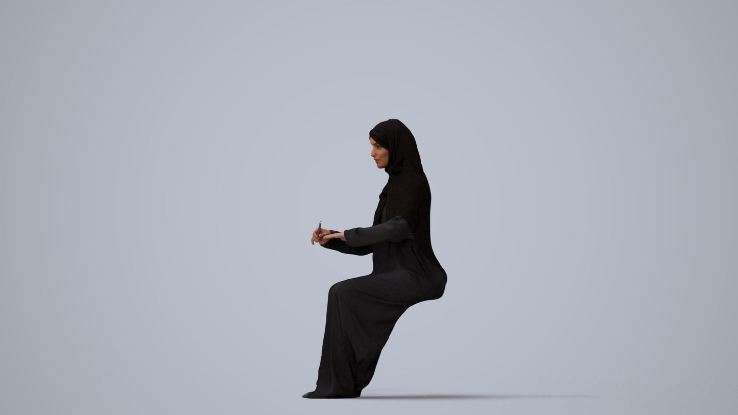 photogrammetry 3D woman sitting, realistic human model archviz FBX, three-quarter view render