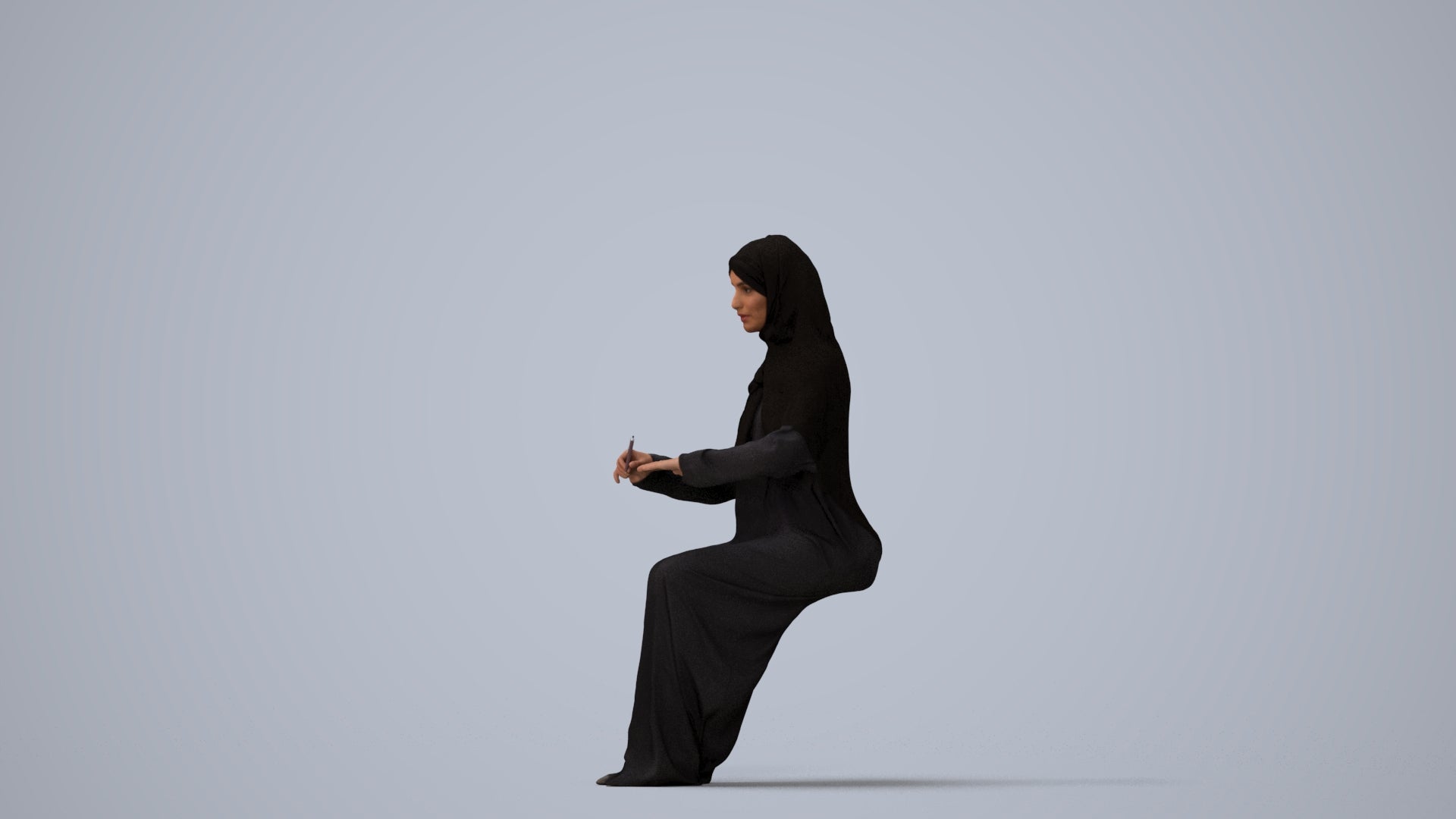 photogrammetry 3D woman sitting, realistic human model archviz FBX, three-quarter view render