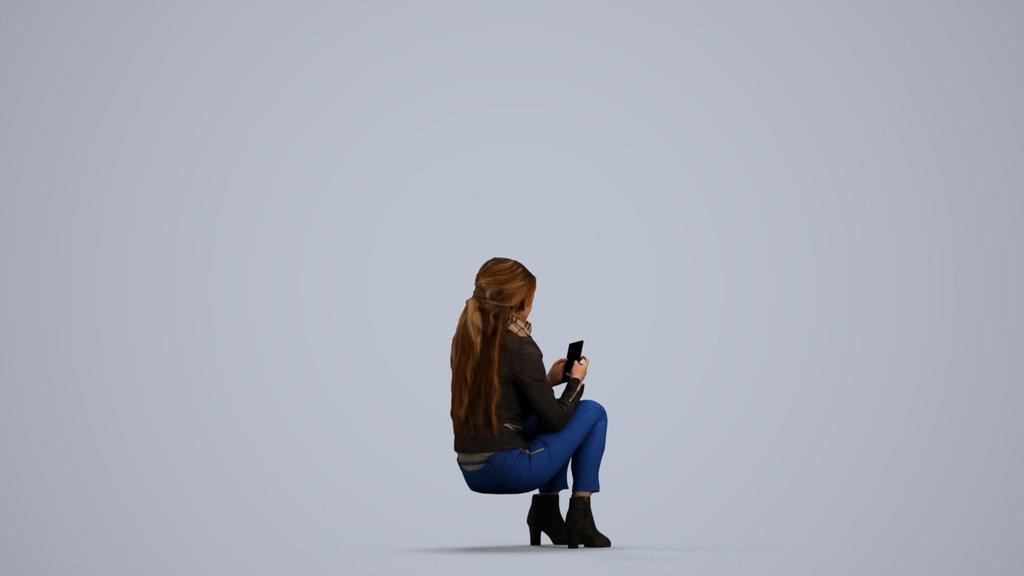 photogrammetry 3D woman casual sitting, realistic human model archviz FBX, front view render