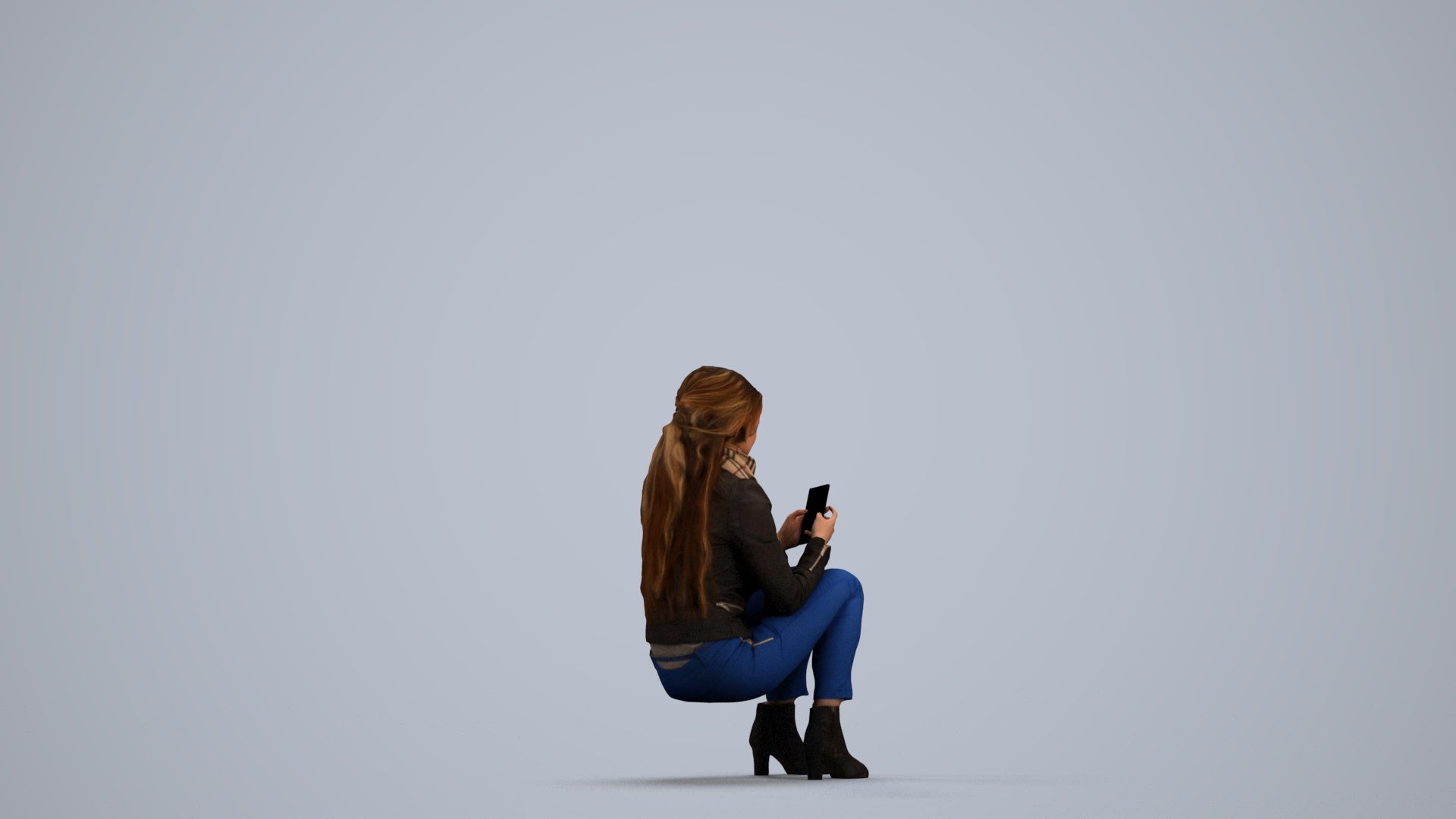 photogrammetry 3D woman casual sitting, realistic human model archviz FBX, front view render