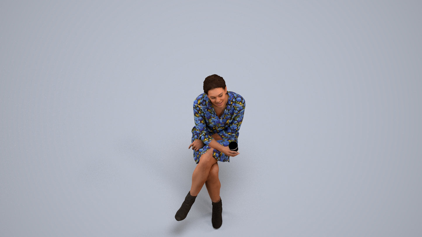 3D scanned woman sitting casual, photorealistic archviz people for Enscape and SketchUp, back view render