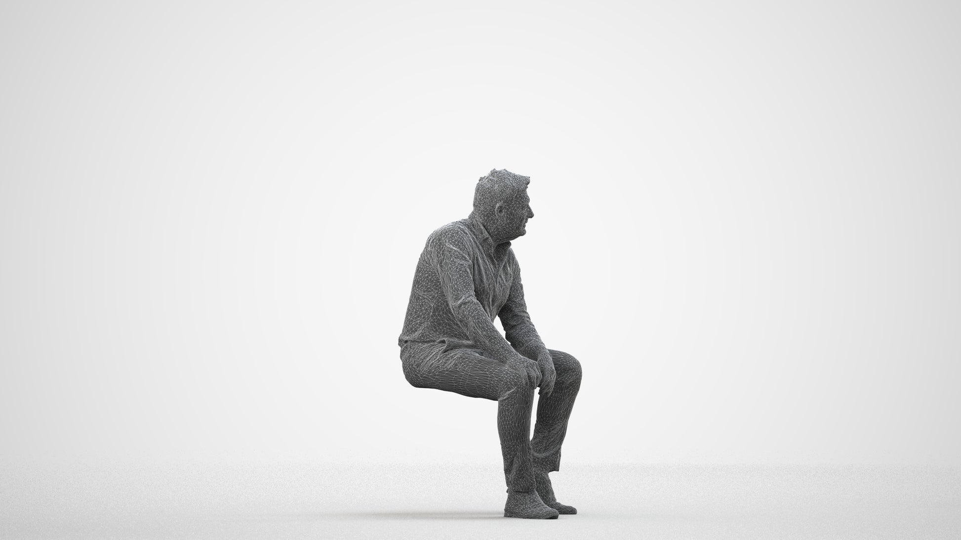 3D people model man casual sitting, scanned human for 3ds Max rendering, wireframe side view