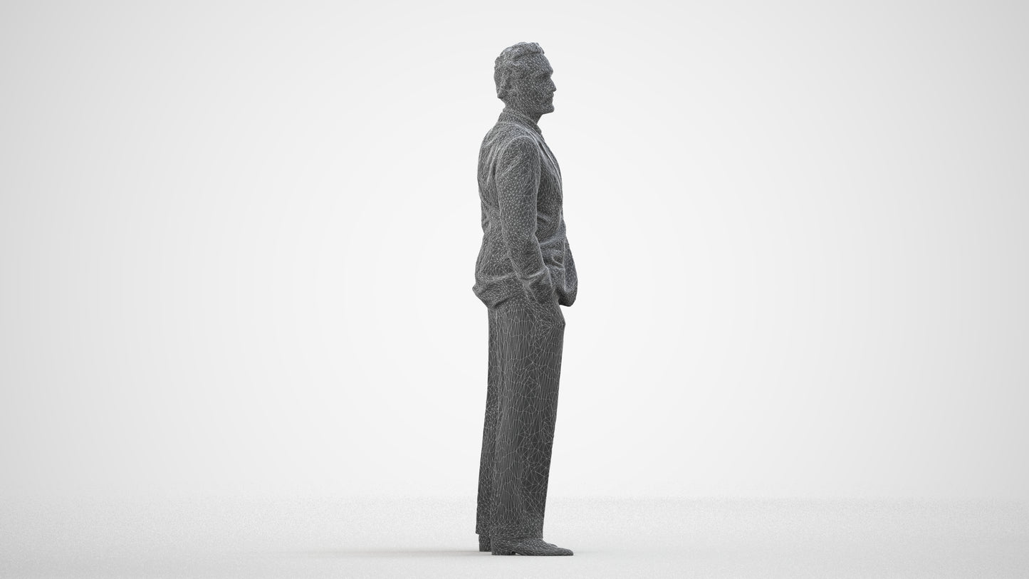 3D scanned man business, photorealistic archviz people for Enscape and SketchUp, wireframe side view