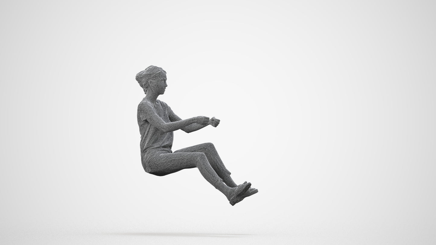 3D human model woman casual driving, photogrammetry scanned person for archviz, wireframe side view