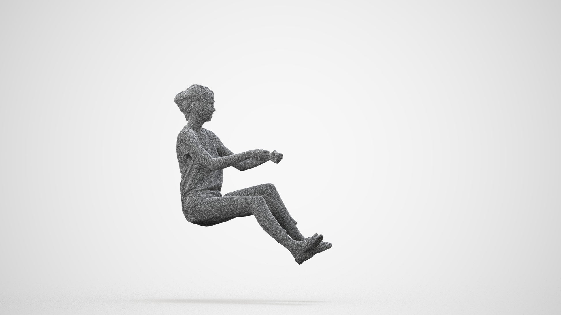 3D human model woman casual driving, photogrammetry scanned person for archviz, wireframe side view