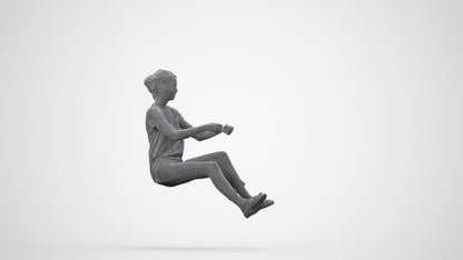 3D human model woman casual driving, photogrammetry scanned person for archviz, wireframe side view