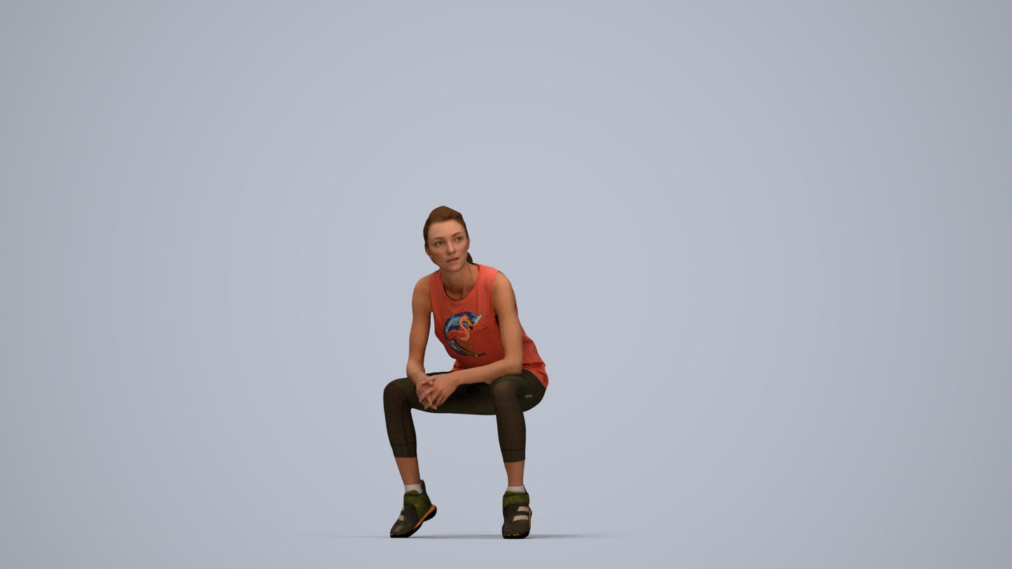 3D human model woman sport, photogrammetry scanned person for archviz, top-down view render