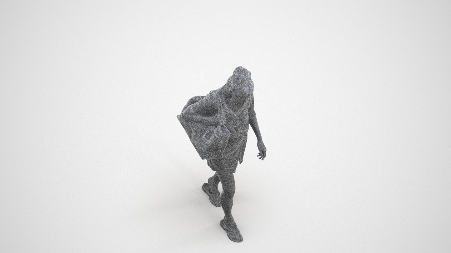 3D human model woman casual walking, photogrammetry scanned person for archviz, wireframe three-quarter view
