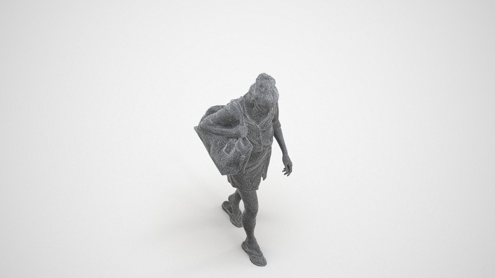 3D human model woman casual walking, photogrammetry scanned person for archviz, wireframe three-quarter view