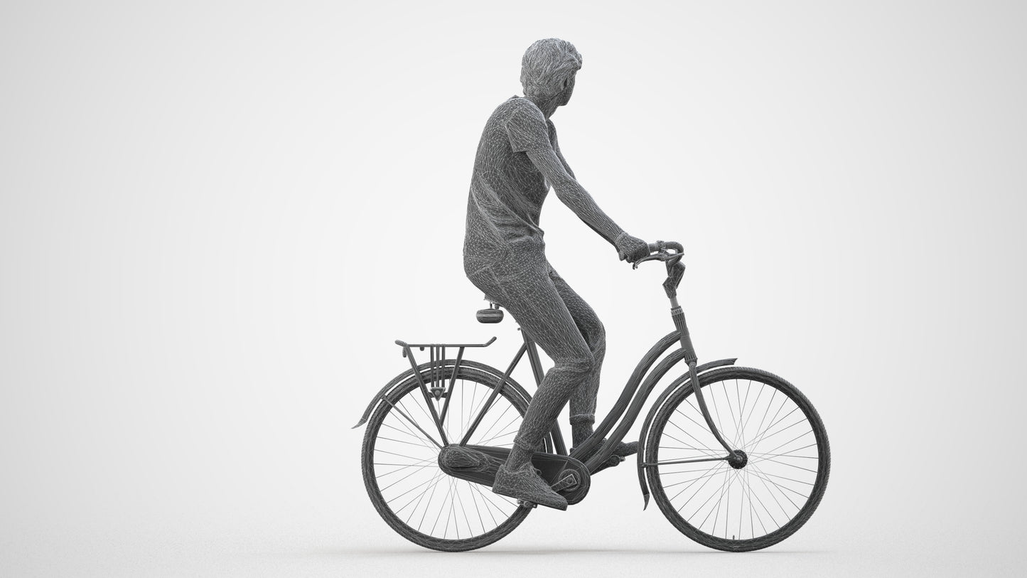realistic 3D man casual cycling, scanned archviz people for Blender and 3ds Max, wireframe side view
