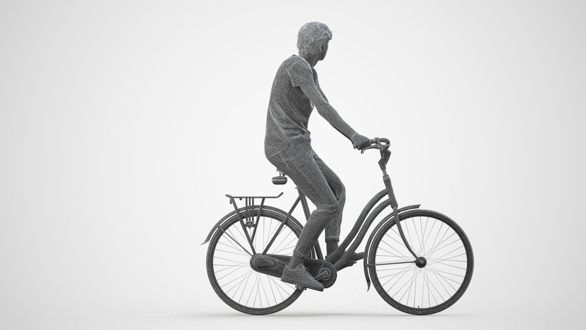 realistic 3D man casual cycling, scanned archviz people for Blender and 3ds Max, wireframe side view