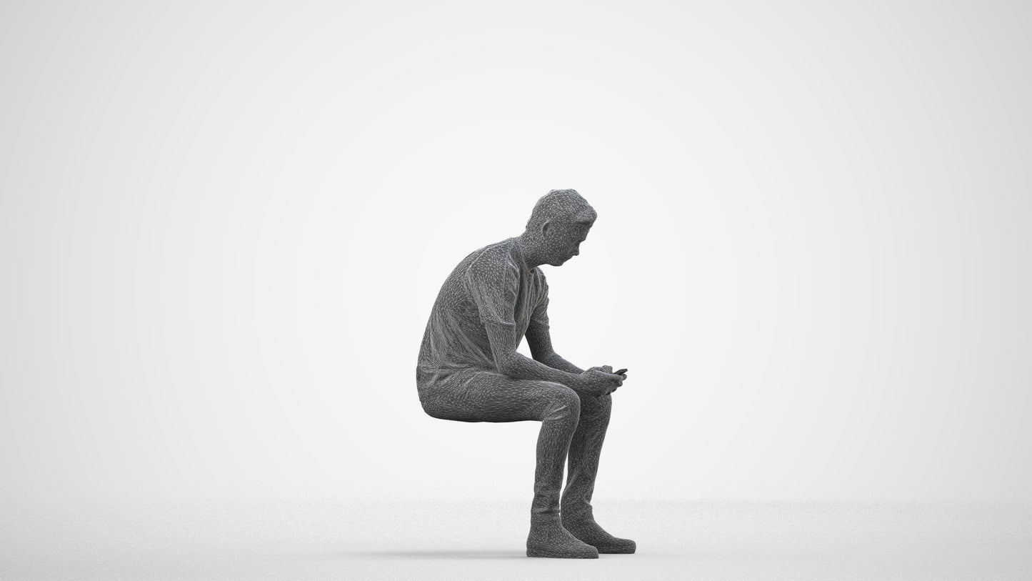 photogrammetry 3D man casual sitting, realistic human model archviz FBX, wireframe side view