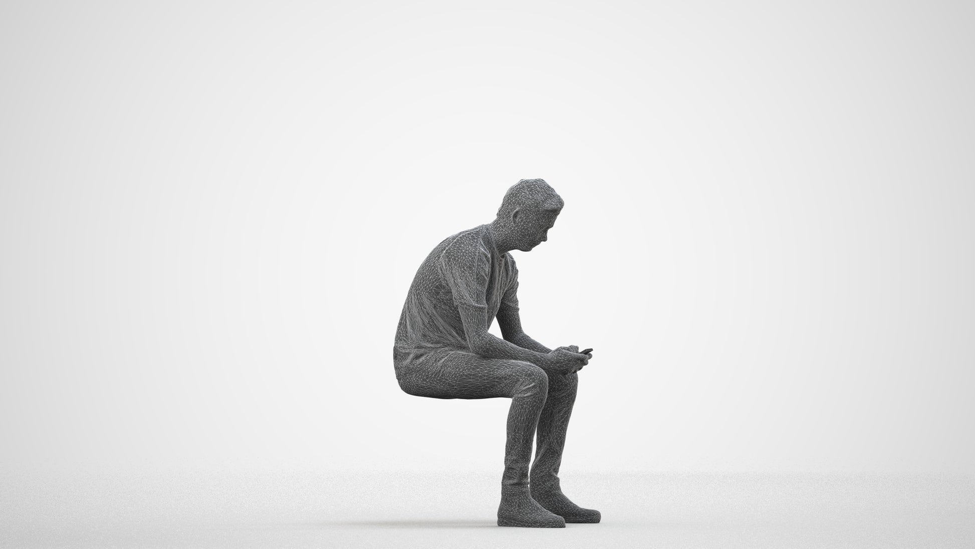 photogrammetry 3D man casual sitting, realistic human model archviz FBX, wireframe side view