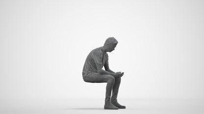 photogrammetry 3D man casual sitting, realistic human model archviz FBX, wireframe side view