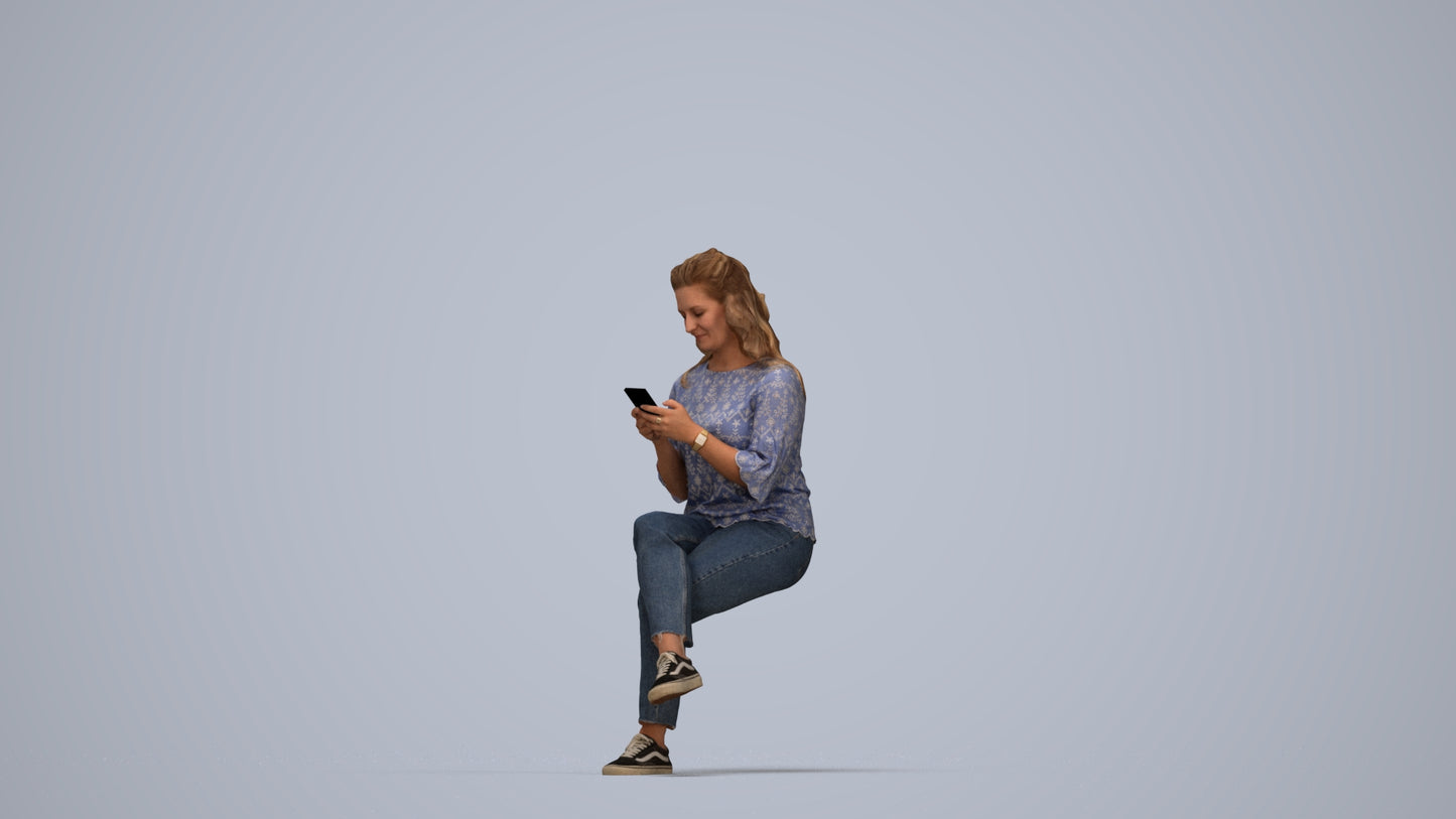 realistic 3D human woman casual sitting, archviz people FBX OBJ for Blender, top-down view render