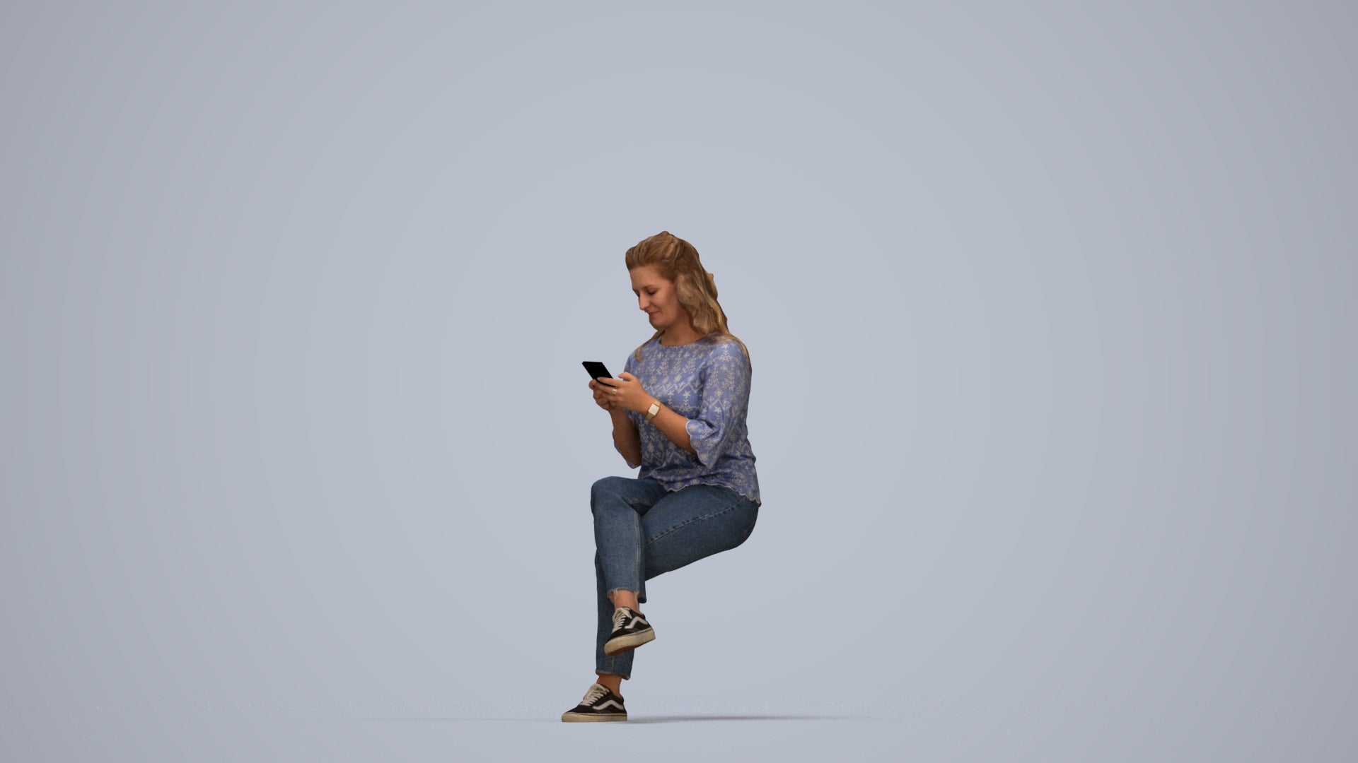 realistic 3D human woman casual sitting, archviz people FBX OBJ for Blender, top-down view render
