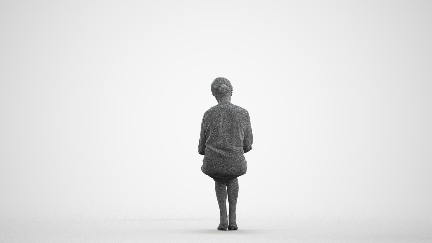 3D people model senior woman business sitting, scanned human for 3ds Max rendering, wireframe front view
