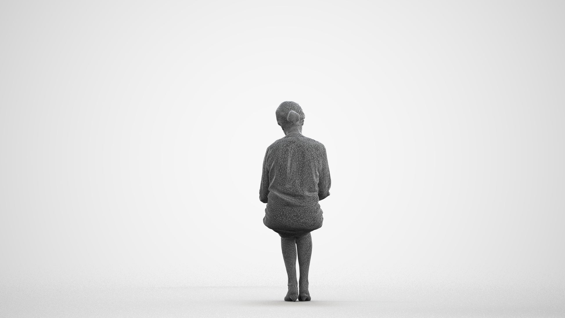 3D people model senior woman business sitting, scanned human for 3ds Max rendering, wireframe front view
