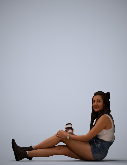 scanned 3D woman casual sitting, photogrammetry people for Enscape and V-Ray