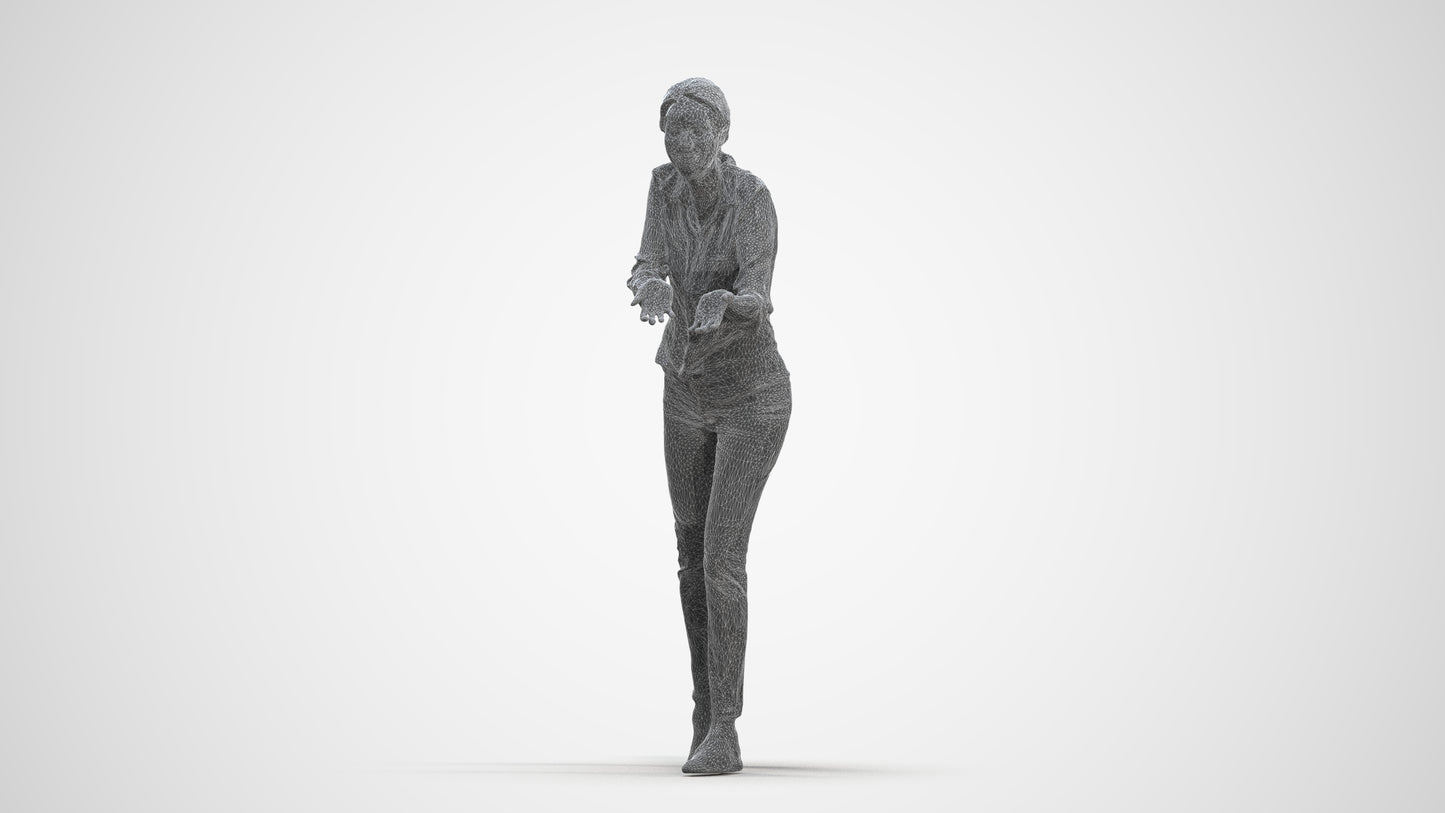 3D human model woman casual standing, photogrammetry scanned person for archviz, three-quarter front view render